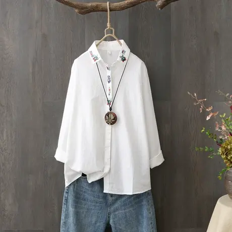文艺小清新纯棉白衬衫女秋季新品短款长袖宽松打底衫百搭衬衣上衣图片