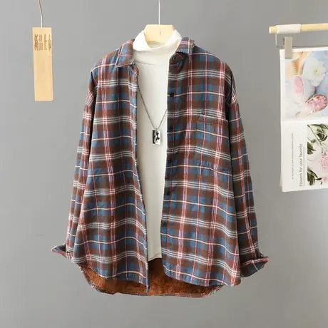 休闲加绒保暖格子衬衫外套女秋冬季2023新款休闲宽松大码加厚衬衣图片
