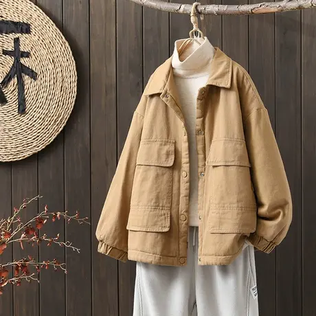 枫谜2022冬季新款复古翻领工装口袋文艺百搭短款棉服简约宽松棉衣图片
