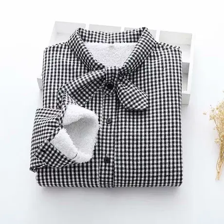 日系蝴蝶结黑白格子加绒衬衫女保暖冬2019新款小清新学生韩版衬衣图片