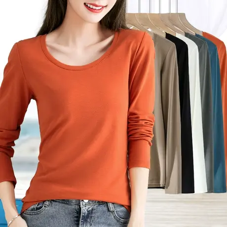 橘红色t恤女长袖中年妈妈加棉大圆领弹力打底衫修身内搭外穿体桖商品大图