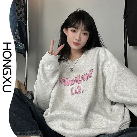 红续新款甜美风印花灰色上衣女2023秋冬加绒加厚百搭ins超火长袖图片