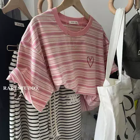 复古粉色条纹刺绣爱心简约别致休闲百搭洋气短袖宽松棉T恤韩系女商品大图