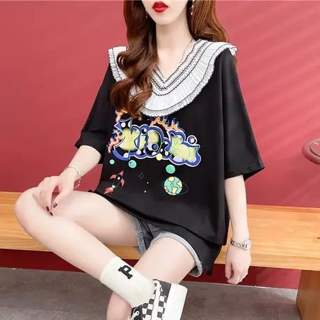 设计感小众短袖t恤女夏季韩版宽松百搭学生小个子蕾丝拼接上衣服图片