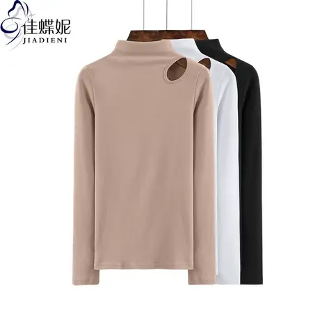 秋冬新款半高领修身肩膀镂空长袖体恤上衣打底内搭显瘦韩版女T恤图片