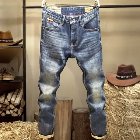 高端面料弹力牛仔裤男款潮牌修身直筒复古怀旧蓝色重磅水洗长裤子商品大图