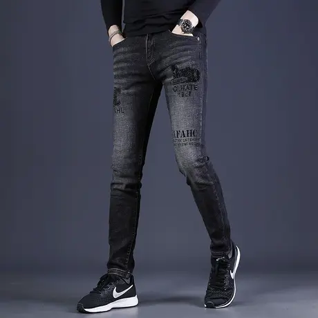 高端黑色牛仔裤男款烫钻修身小脚裤2023新款潮牌刺绣男士裤子春秋商品大图