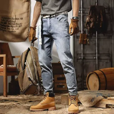 浅色水洗牛仔裤男修身直筒磨破休闲痞帅潮牌裤子夏季薄款长裤高端商品大图