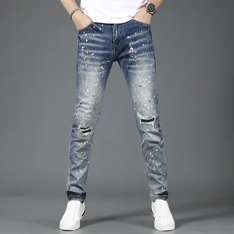 高街破洞牛仔裤男2023新款夏季薄款潮牌印花泼墨时尚男士休闲长裤商品大图