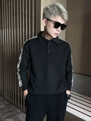 2023秋季新款男士POLO衫潮流休闲男装青春时尚男生修身长袖上衣服图片