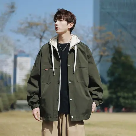 外套男春秋冬季2023新款风衣男生连帽青少年早秋冲锋衣假两件夹克商品大图