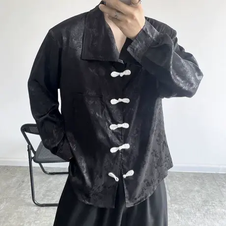 山本耀司暗黑系新中式垫肩冰丝薄款衬衫男复古盘扣长袖衬衣男装潮商品大图