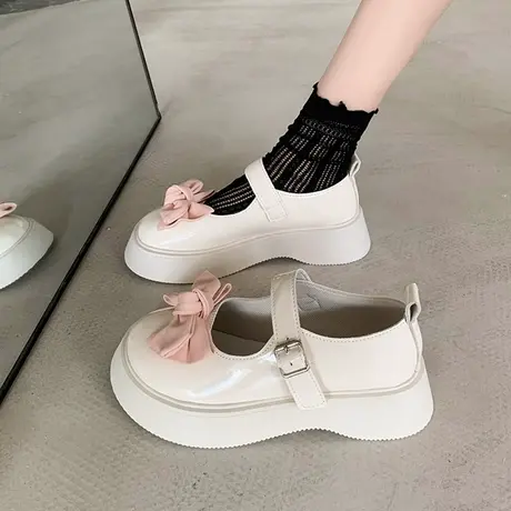 日系学院风蝴蝶结厚底玛丽珍小皮鞋女2023新款春夏复古配裙子单鞋商品大图