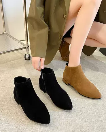 2023新款早春弹力瘦瘦靴女尖头平底磨砂短靴百搭黑色绒面马丁靴女商品大图