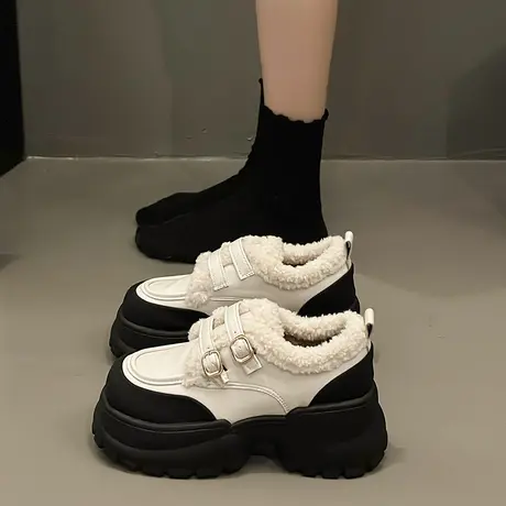 厚底毛毛鞋女秋冬外穿加绒小皮鞋2023新款高级感法式增高乐福棉鞋图片