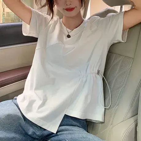 大码不规则开叉短袖t恤女装夏季胖mm遮肚子显瘦正肩抽绳上衣200斤商品大图