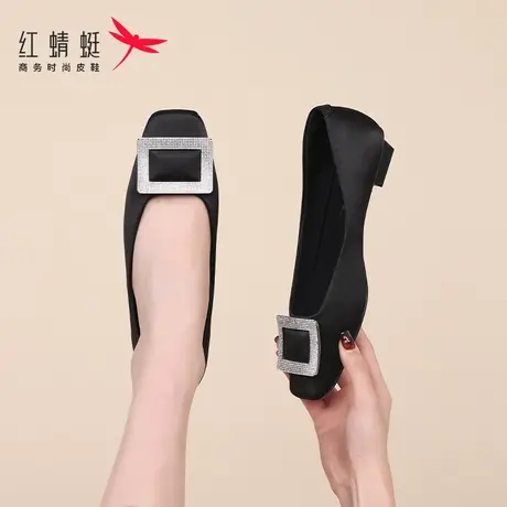 红蜻蜓女鞋春秋款鞋子低跟软底一脚蹬懒人鞋黑色方头单鞋女水钻潮图片