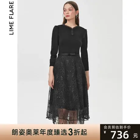 莱茵2023春季新款商场同款高级感蕾丝拼接收腰木耳边连衣裙中长款商品大图
