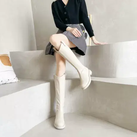 卓诗尼v口长靴女2023年秋款秋冬瘦瘦靴小个子腿粗百搭白色长筒靴图片