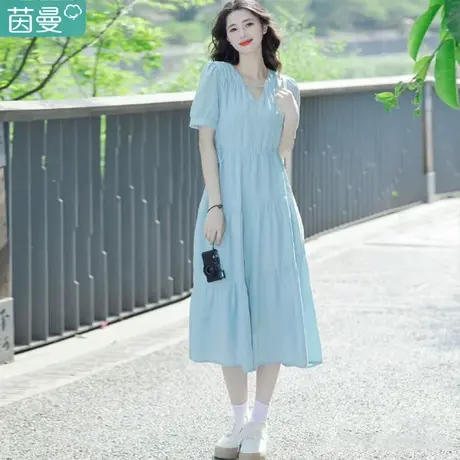 茵曼黑色连衣裙女夏季2023新款女装法式v领茶歇裙子气质收腰长裙图片