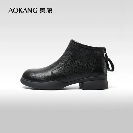 【门店发货】奥康女鞋 2023冬季新款真皮短靴圆头厚底奶奶棉鞋商品大图