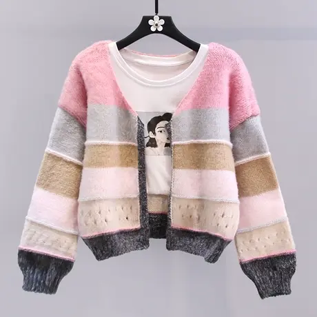 撞色条纹毛衣外套女秋冬2023新款宽松慵懒风设计感软糯针织衫上衣商品大图