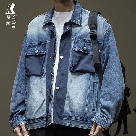 潮牌双口袋牛仔衬衫男2024春季新款男士工装夹克宽松大码胖子衬衣图片