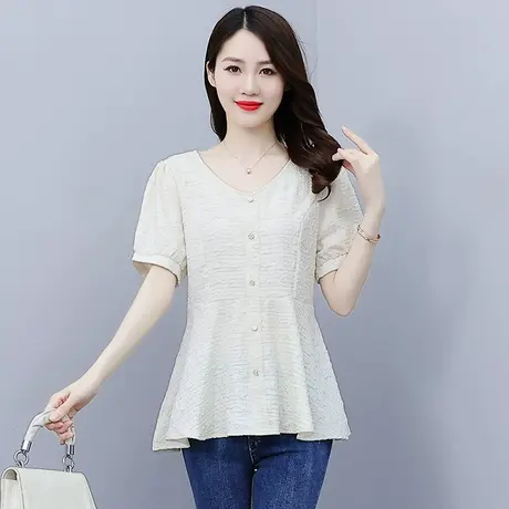 2023夏装新款大码女装胖MM收腰遮肚子褶皱雪纺衬衫洋气漂亮女小衫图片