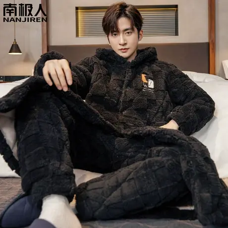男士睡衣男款冬季 加绒加厚 三层夹棉珊瑚绒秋冬款简式家居服睡袍图片