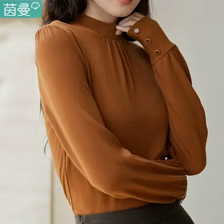 茵曼法式保暖德绒长袖T恤女装半高领打底衫秋冬2023新款上衣黑色图片