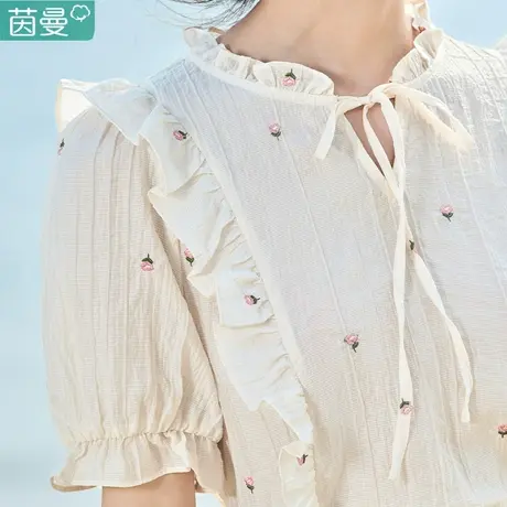 茵曼法式短袖衬衫2023夏季新款荷叶边衬衣夏天女款上衣奶系穿搭商品大图