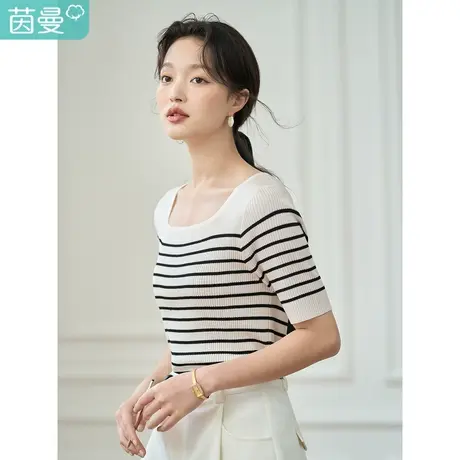 茵曼冰爽丝凉感针织衫2023夏女装新款方领条纹薄款上衣图片
