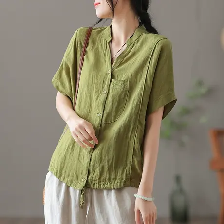 dza 复古白色亚麻上衣女士短袖衬衫夏季薄款宽松V领休闲棉麻衬衣图片
