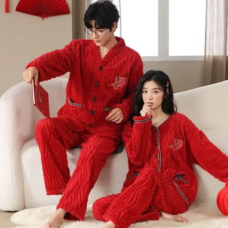 猫人法兰绒睡衣结婚新婚情侣套装冬季2023新款珊瑚绒可外穿家居服图片