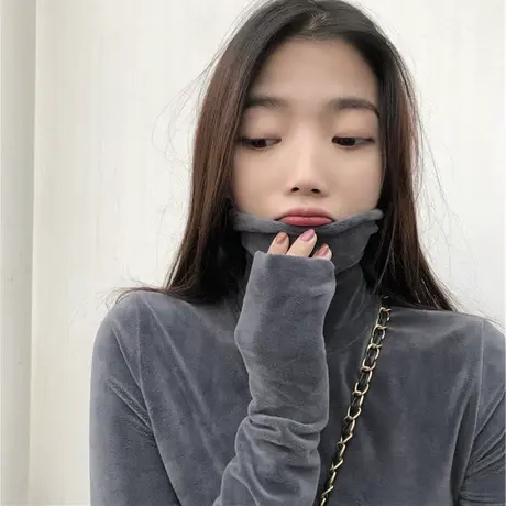 德绒高领打底衫女内搭秋冬2023新款金丝加绒t恤加厚保暖长袖上衣商品大图