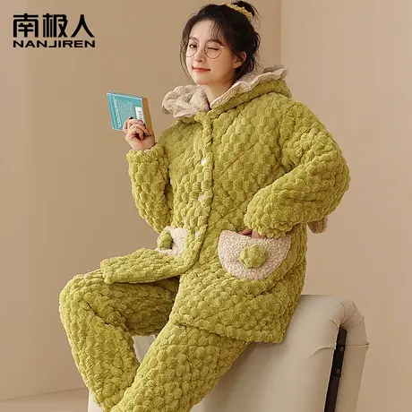 睡衣女冬季加绒加厚三层夹棉可爱少女卡通款珊瑚绒连帽家居服套装商品大图