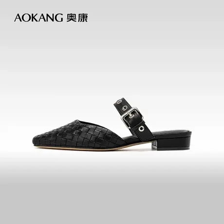 奥康女鞋 夏季新款时髦编织包头拖鞋一字皮带扣平底百搭尖头凉鞋图片