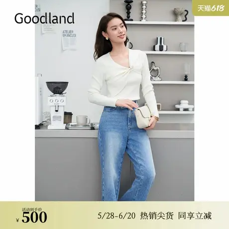 Goodland美地秋季设计感扭结斜领毛针织衫修身上衣图片