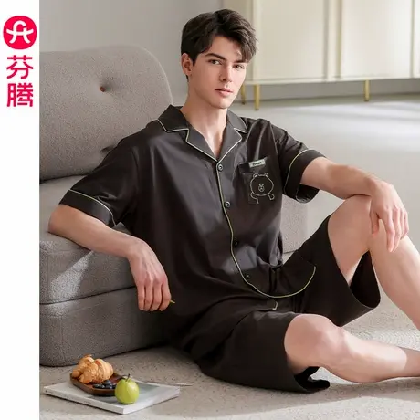 芬腾睡衣男士夏季纯棉短袖短裤凉感布朗熊套装青年薄款大码家居服商品大图