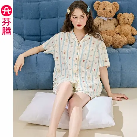 芬腾女士睡衣夏季纯棉短袖短裤套装甜美可爱卡通加大码全棉家居服商品大图