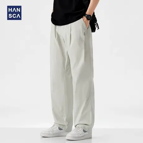 hansca纯色宽松直筒休闲裤男2025新款春夏季薄款微褶皱松紧腰长裤商品大图