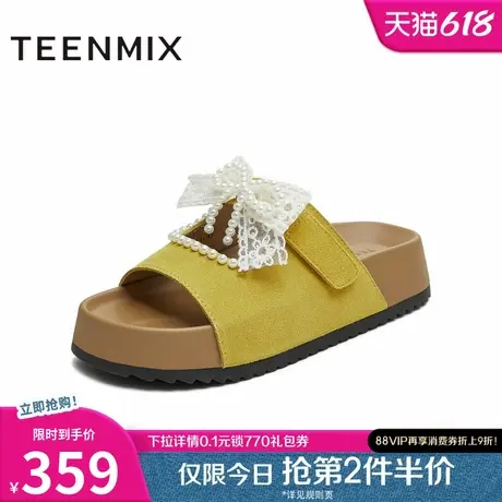 天美意一字拖珍珠蝴蝶结勃肯厚底拖鞋女外穿休闲凉鞋2025夏季新款商品大图