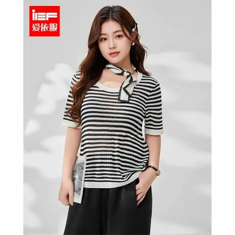 IEF/爱依服大码女装2025夏季新款韩版时尚通勤风条纹显瘦毛织上衣商品大图