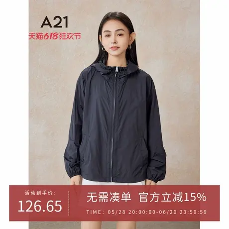 A21女装宽松连帽落肩开胸风衣春季开衫薄款纯色休闲情侣装上衣女商品大图