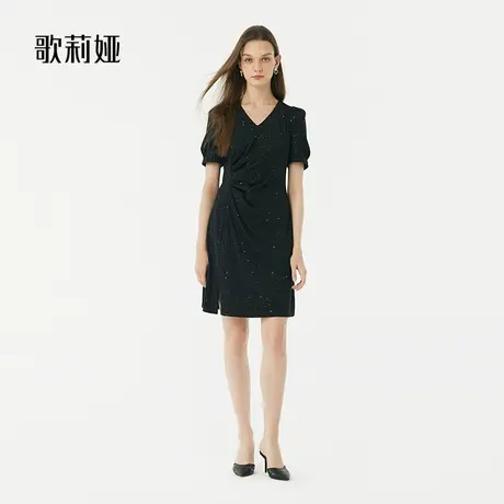 歌莉娅黑色收褶连衣裙女夏装气质V领小个子礼服裙小黑裙1A4H4H8N0图片