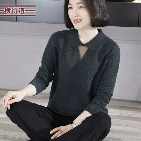 纯色简约翻领宽松螺纹针织衫长袖毛衣女大码外穿上衣2023冬季新款图片