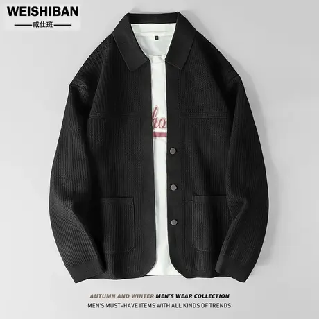 高级感商务休闲翻领针织衫毛衣男秋冬季新款时尚百搭外穿开衫外套图片