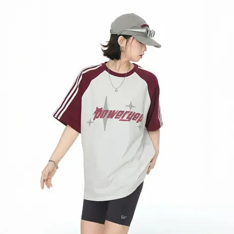 YEP2025夏季新款字母印花情侣款T恤女宽松拼接短袖纯棉半袖上衣商品大图