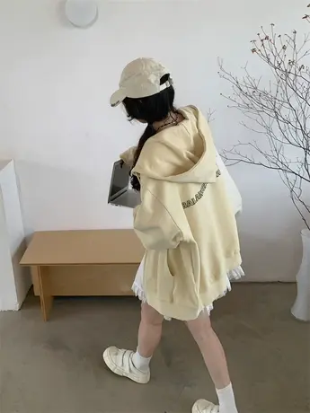 韩版慵懒随性宽松字母休闲学院百搭软糯连帽拉链卫衣女春秋薄款潮商品大图
