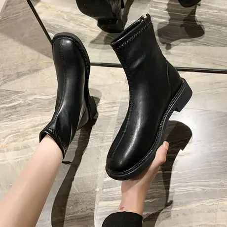 永希黑色小短靴女2023年新款春秋单靴方头瘦瘦靴平底切尔西马丁靴商品大图
